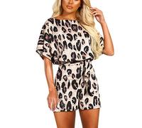 IMJONO ❤Liquidation Combinaison Femme Été Manches Courtes Grande Taille Combishort avec Ceinture Léopard o-Cou Pantalon Large à Combinaison Courte À Bretelles Romper Short Chic Robe Plage（Marron,M
