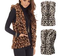 IMJONO Printemps Gilet Femme Encapuchonné sans Manches Léopard Impression Les Poches Manteau Femme Hiver Chaud Fausse Fourrure Gilet Veste Moto Saint Valentin Cadeau（Blanc,XXL