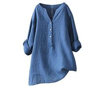 IMJONO Printemps Top Femme Chemisier Grande Taille Coton et Lin Haut Manches Longues Couleur Unie Chemisier Col Debout Pull Shirt en Vrac Décontractée T-Shirt(Bleu,XXXXXL)