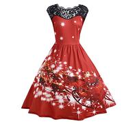 IMJONO Robe de Soiree Femme élégante Robe Vintage Cadeaux de noël Femmes Fête de Noël Robe de Noël Mesdames sans Manches en Dentelle Patchwork Robe Cocktail（Rouge,S）