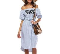 IMJONO Robe Ete Femme Épaules Nus Robe Sexy Manches Courtes Cou Rayé Chemise décontractée Dress Chic Robe été Vetement Femme Pas Cher（Bleu,S