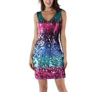 IMJONO Saint Valentin Cadeau Mode Femme Robe Scintillait Fastueux Glam Paillette Robe Col en v Serré sans Manches Fête Club Mini Sexy Robe(Bleu Clair,M)