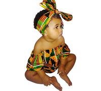 IMJONO Toddler Vêtements Fille Barboteuse Été Ensemble BéBé Fille Imprimé Africain sans Manches Hors Épaule Combinaison Barboteuse +Bandeau Enfant Filles Vest T-Shirt （Multicolore，0-6 Mois