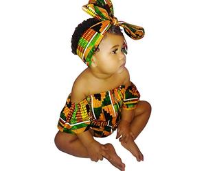 IMJONO Toddler Vêtements Fille Barboteuse Été Ensemble BéBé Fille Imprimé Africain sans Manches Hors Épaule Combinaison Barboteuse +Bandeau Enfant Filles Vest T-Shirt （Multicolore，0-6 Mois