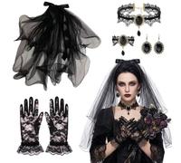 IMLDUY 4 Pièces Voile Mariée Noir Set, avec Gants en Dentelle, Collier Gothique et Boucles d'Oreilles, Accessoires Déguisement Halloween Femme pour Mariage Funèbre et Soirée Cosplay