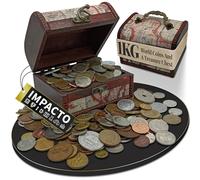 IMPACTO COLECCIONABLES 1 kg de Monnaies Authentiques du Monde - Collection Internationale de Pièces Anciennes dans Coffre en Bois - Certificat d’Authenticité - Cadeau Numismatique