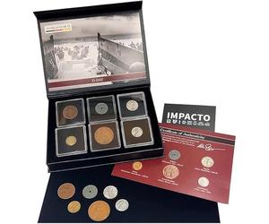 IMPACTO COLECCIONABLES Collection de 6 Monnaies Authentiques de la Seconde Guerre Mondiale - Débarquement de Normandie (D-Day 1944) - Coffret de Collection avec Certificat d’Authenticité