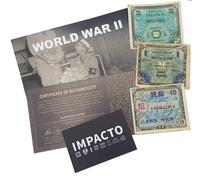 IMPACTO COLECCIONABLES Monnaie Militaire alliée. Seconde Guerre Mondiale - 3 Billets de Banque d'Allemagne, de France et du Japon, Pays occupés par Les Alliés. Certificat d'authenticité Inclus