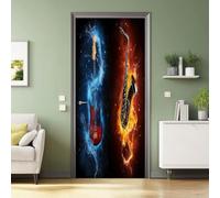 Imperméable Autocollant de porte 90 x 200 cm, Orange Bleu Maison Décoration | Moderne Fantastique Étanche Papier Peint de Poster, Guitare Saxophone Flammes Amovible PVC Sticker pour Salon Chambre Cuisine
