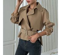 Imperméable court à manches longues avec taille cintrée pour femmes, veste urbaine décontractée Tall S,Tall M,Tall LUnicoloreTissu tissé