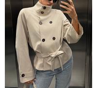 Imperméable élégant de mode couleur unie, double boutonnage, sans poches, taille cintrée, manches longues, col montant, pour femmes L,M,S,XSUnicoloreTissu tissé