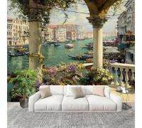 Imperméable,Inodore intérieure Papier Peint 400x280 cm Bateau De Ville Lacustre De Style EuropéEn Amovible Fresque Murale décorer Papier Peint Photo Vert Pour Meuble Salon Salle Bain Chambre Armoire