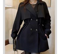 Imperméable long à manches longues noir tissé élégant français décontracté pour femme grande taille 0XL,1XL,2XL,3XL,4XLUnicoloreTissu tissé