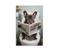 Impression 3D Bouledogue Français lisant des journaux - Art mural de salle de bain - Assis sur les toilettes - Impression sur toile - Impression amusante sur animaux abstraits - Humour - Affiches pour