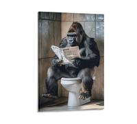 Impression 3D Gorilles lisant des journaux - Décor mural de salle de bain - Gorilles assis sur les toilettes - Impression sur toile - Animaux abstraits drôles - Affiches d'humour - Décoration de
