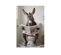 Impression 3D sur toile drôle de l'âne lisant un journal pour salle de bain - Images abstraites d'animaux amusantes pour décoration murale de toilette - Affiche intéressante pour enfants - Décoration