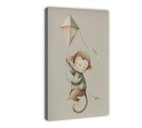 Impression amusante sur toile avec petit singe mignon et cerf-volant pour décoration de chambre à coucher, bureau, chambre, cadeau 30 x 45 cm