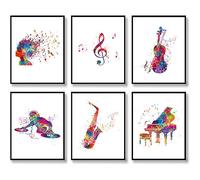 Impression aquarelle de musique avec piano et violon Instrument de musique Cadeau de musicien Cheveux de musique abstraits Clé de sol Décoration murale (20,3 x 25,4 cm, sans cadre)
