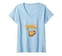 Impression Artistique « Smile There's Beer : Fun Brew Lovers » T-Shirt avec Col en V, Femme, Bleu Céleste, S