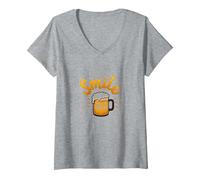 Impression Artistique « Smile There's Beer : Fun Brew Lovers » T-Shirt avec Col en V, Femme, Gris Chiné, L