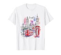 Impression Artistique Souvenir de la Ligne d'horizon de Londres, Big Bridge, Bus Rouge T-Shirt