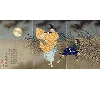 Impression artistique sur papier mat - 220 g - Jouant la flûte par Moonlight Yoshitoshi Tsukioka - Image florale horizontale - Figurines fleurs et plantes - Paysage et paysage F 13_X_29_in