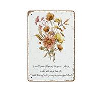 Impression avec verset de la Bible « I Will Give Thanks To You Lord Psaum 9:1 » - Cadeau chrétien - Décoration murale imprimée - Fleur sauvage - Décoration murale fantaisie rétro en métal - 20,3 x