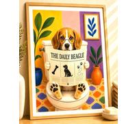 Impression Beagle sur les toilettes - Chien amusant lisant un journal - Art mural de style Henri Matisse - Image colorée pour salle de bain et toilettes - Art mural humoristique pour toilettes