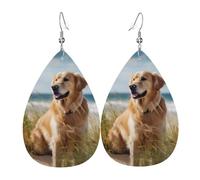 Impression Boucle D'Oreilles Pendantes En Cuir Golden Retriever Sur La Plage Leather Earrings Tendance Boucle D'Oreille En Cuir Pour Fête Fête Decorations