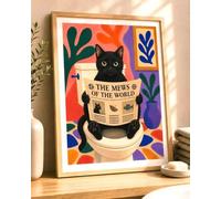 Impression chat noir sur toilettes - Chaton amusant lisant un journal - Décoration murale colorée de style Henri Matisse - Panneau coloré pour salle de bain et toilettes