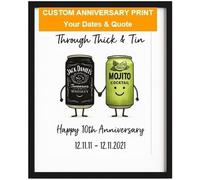 Impression d'anniversaire personnalisée - « Through Thick & Tin » Cadeau amusant pour couple | Dates et citation personnalisées | Décoration murale Jack Daniels et Mojito | Cadeau unique pour lui