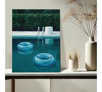 Impression d'art d'été au bord de la piscine - Anneaux gonflables bleu vert - Œuvre d'art moderne et esthétique pour salon, chambre à coucher, terrasse, décoration d'intérieur - 40,6 x 50,8 cm