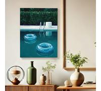 Impression d'art d'été au bord de la piscine - Anneaux gonflables bleu vert - Œuvre d'art moderne pour salon, chambre à coucher, terrasse, décoration d'intérieur - 30,5 x 40,6 cm