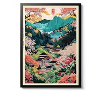 Impression d'art du village du mont Yoshino, poster d'art mural japonais de dessin animé, illustration Ukiyo-e, village de la vallée du Japon, décoration d'arbre en fleurs, cadeau, archivage mat, A4