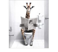 Impression d'art mural sans cadre avec girafe assise sur les toilettes lisant un journal - Imprimé animal mignon et joyeux - Décoration de salle de bain