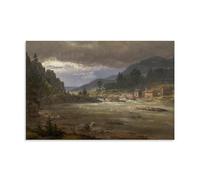 Impression d'art romantique Hellefossen près de Hokksund par J.C. Dahl 1847 - Paysage de rivière avec moulin et figurines Art mural sur toile et décoration murale moderne pour chambre à coucher