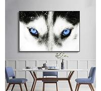 Impression d'art sur toile - Le loup des neiges féroce aux yeux bleus Posters Peintures Wall Art Pictures for Living Room Decor 80x120cm(32x47in) Avec cadre