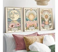 Impression d'art vintage Tarot Soleil Étoile Lune, Art mural botanique floral rétro, Affiches sur toile à fleurs bohèmes, Décoration murale céleste pour la maison 40 x 60 cm x 3 Cadre interne