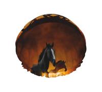 Impression de chevaux noirs et de nuages rouges lumineux,Bonnet de douche/bonnet de nuit double couche imperméable et élastique, bonnet de bain réutilisable