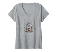 Impression de Patte de Chien « A House is Not Home Without A Dog » T-Shirt avec Col en V, Femme, Gris Chiné, S