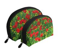 Impression de Paysage de Prairie de Ferme de Champ de Coquelicot Rouge, Trousse de Maquillage Coquille Femme Petit Porte-Monnaie Trousse de Toilette Trousse à cosmétiques 2 pièces