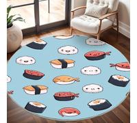 Impression de Sushi de Dessin Animé Tapis Rond 180 cm Intérieur & Extérieur Doux Antidérapant Lavable en Machine, Bleu Clair Tapis Décoratif de Style Moderne pour Salon Chambre Salle à Manger