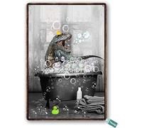 Impression dinosaure dans la baignoire animaux noirs et blancs pour salle de bain, baignoire, animal de bain, décoration vintage, affiche d'art mural, affiche en métal, 20,3 x 30,5 cm