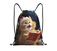 Impression d'un Chat Mignon Chantant des Chants De Noël Sac De Gym Sacs De Sports Cordon Réglable Sac De Natation pour Camping Toilette Téléphone 36X42Cm