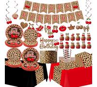 Impression guépard Décorations d'anniversaire, 20 invités, guépard et cerise Décorations d'anniversaire avec assiettes, serviettes, tasses, nappe, bannières, tourbillons suspendus, décoration de