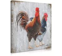 Impression HD sur toile coq et poule pour la cuisine : Couple poulets vintage sur fond bois rustique peinture d'œuvres d'art 40x40cm/15.7 "x 15.7" Cadre interne
