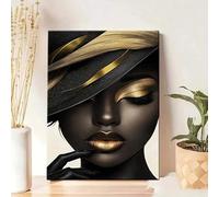 Impression HD sur toile représentant une femme au maquillage doré et un chapeau, affiches et impressions pour salon, chambre et bureau (50 x 75 cm, sans cadre)