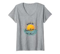 Impression High on Sunshine and Music Summer Vibes T-Shirt avec Col en V, Femme, Gris Chiné, S