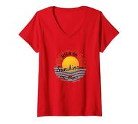 Impression High on Sunshine and Music Summer Vibes T-Shirt avec Col en V, Femme, Rouge, XXL
