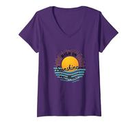 Impression High on Sunshine and Music Summer Vibes T-Shirt avec Col en V, Femme, Violet, M